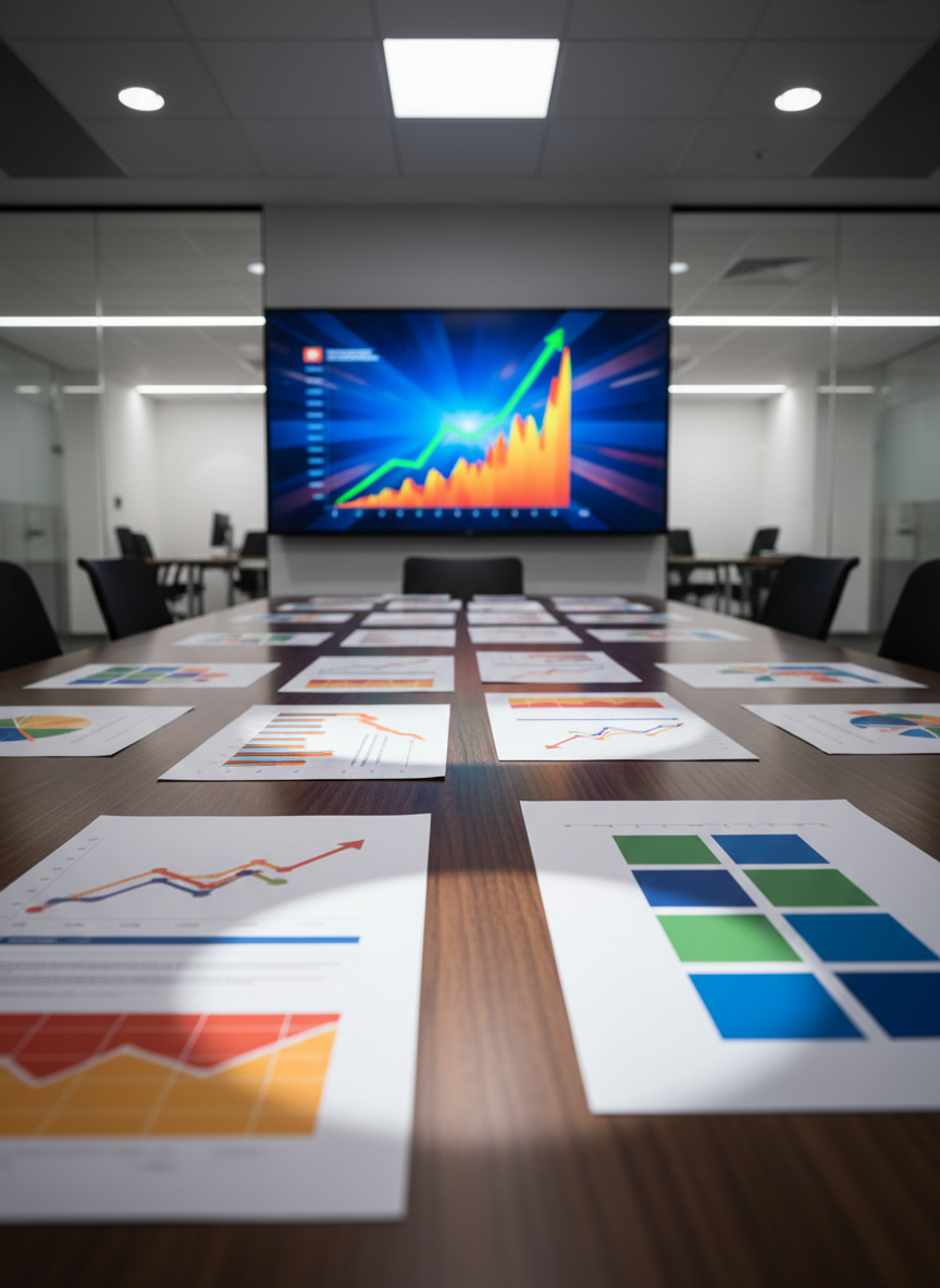 A long, sleek conference table made of dark walnut occupies the foreground, covered with printed, stylized marketing reports: large, colorful line graphs shooting upward, simplified heatmaps of e-commerce pages, and abstract social media performance tiles, all intentionally text-free and brand-neutral. At the far end of the table, an ultra-wide wall-mounted screen displays an oversized, vibrant growth chart with a sharply rising trajectory. Bright, directional ceiling lights cast defined pools of light across the wood grain and paper textures, while the rest of the modern glass-walled office recedes into a soft, blurred background. Captured from a low angle along the table edge, the composition draws the eye toward the screen, creating a bold, decisive atmosphere that embodies strategic planning and measurable results.