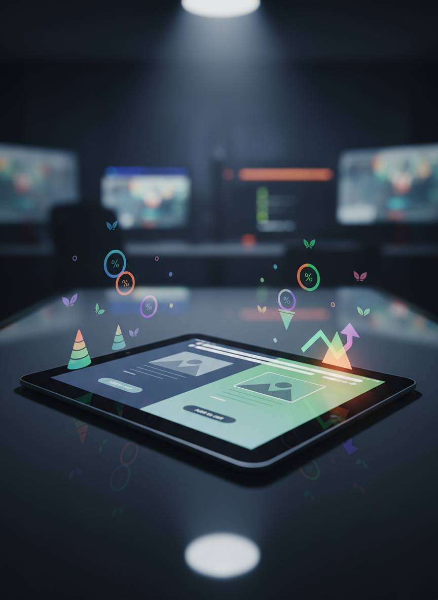 A dramatic close-up of a glossy black tablet laid flat on a reflective glass table, its screen presenting a side-by-side comparison of two abstract e-commerce product pages, one subtly highlighted with brighter colors and an upward arrow to suggest a successful A/B test. Minimal, colorful data visualizations—conversion percentages, simplified funnels, and small growth icons—surround the layouts without real numbers or text. The background fades into a dark, blurred office with hints of other screens glowing. Focused overhead spotlighting creates sharp, crisp reflections on the glass and tablet edges. Shot from a low, cinematic angle with shallow depth of field, the image feels bold, analytical, and high-tech, capturing the precision and experimentation behind Ramiu’s optimization strategies.