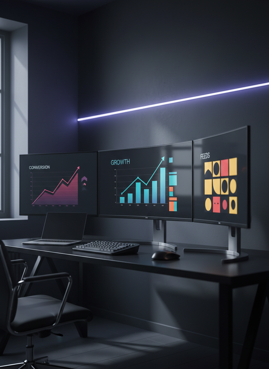 A bold, modern e‑commerce control center displayed across multiple ultra-wide monitors on a sleek black desk, each screen showing abstracted dashboards with colorful growth charts, rising conversion graphs, and stylized social media feeds without recognizable logos or text. The workspace is set in a dark, minimalist office with matte charcoal walls and a single, vibrant neon accent strip cutting across the background. Dramatic side lighting from an unseen window creates sharp contrasts and metallic reflections on the hardware. Shot at eye level with a shallow depth of field, the central monitor dominates the frame, symbolizing strategic focus. The photographic realism and high contrast lighting create a powerful, high-performance atmosphere that conveys Ramiu’s bold, data-driven marketing for e-commerce brands.