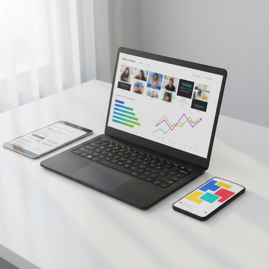 A pristine, matte-black laptop open on a clean white tabletop, its screen filled with a meticulously organized e-commerce dashboard featuring product thumbnails, abstract bar charts, and rising line graphs, all stylized without legible text or real brands. Around it sit a slim tablet showing a simplified review page with star icons, and a smartphone displaying an abstract social media feed of colorful blocks. Soft, bright daylight pours in from an off-frame window, creating crisp reflections and gentle shadows that emphasize sharp edges. Captured from a slightly elevated angle with rule-of-thirds composition, the devices form a confident triangle. The mood is energetic and optimistic, with photographic realism and a high-key, modern aesthetic that reflects a bold marketing agency optimizing online stores for growth.